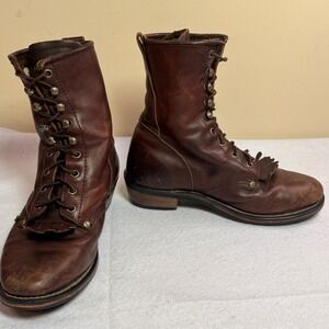 AdTec Brown Leather Lace Up Ankle Boots Oil Tanned Fringe Western Work Size 7.5